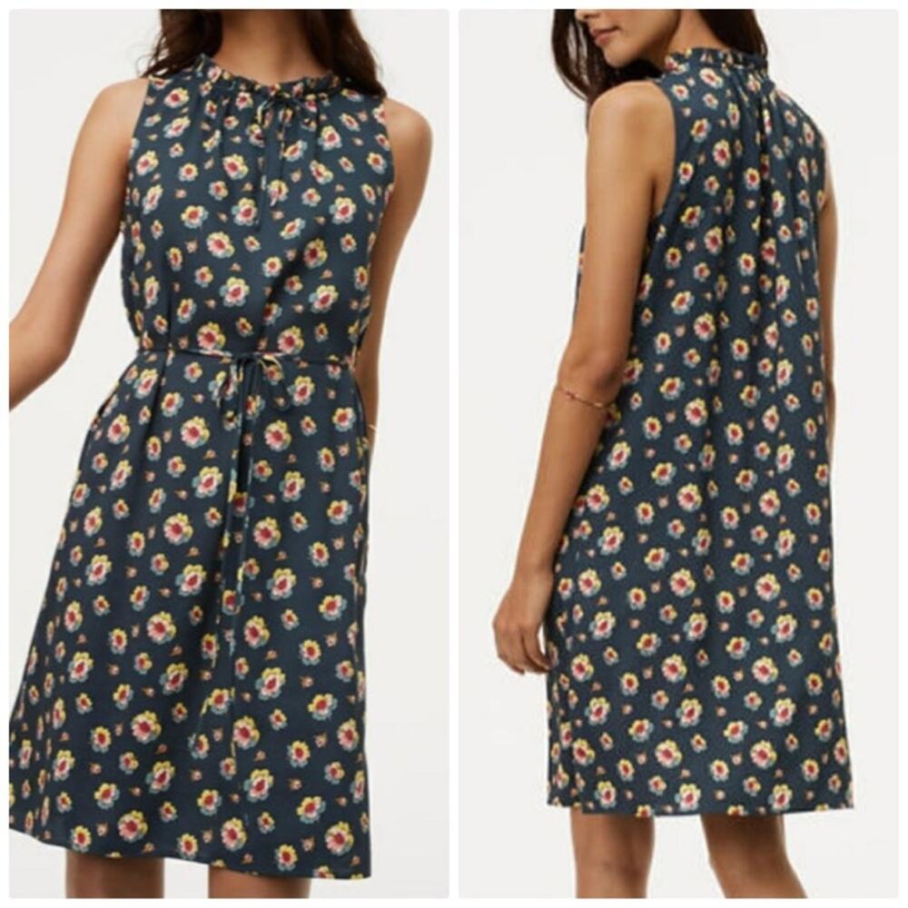 LOFT Ann Taylor Women's Peony Ruffle Tie Neck Green Dress Size XS